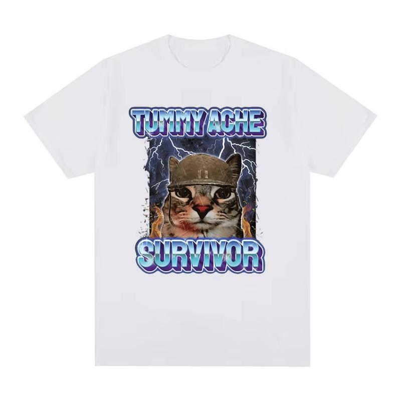 Vintage Tummy Ache Survivor Funny Cat Meme Tee Shirt Unisex Women Clothing Fashion Short Sleeve Tshirt Casual Pure Cotton T Shirts