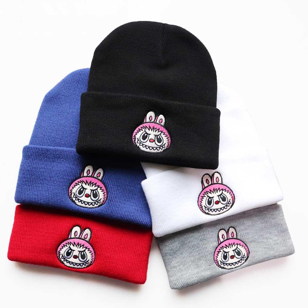 Men's and women's outdoor sports warm hats, autumn and winter trendy cartoon woolen hats, Labubu embroidered student knit hats