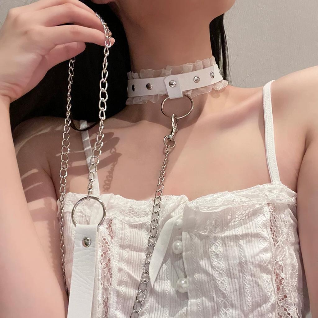 Adjustable Fetish Choker Necklace with Bell Leash Chain Punk Collar for Women Men