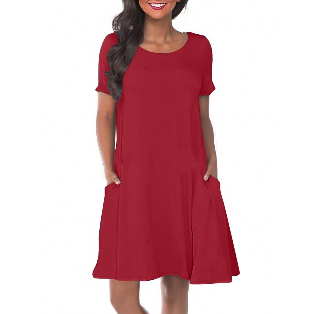 Women's Solid Color Round Neck Solid Color Casual Pocket Short Sleeve Swing Dress