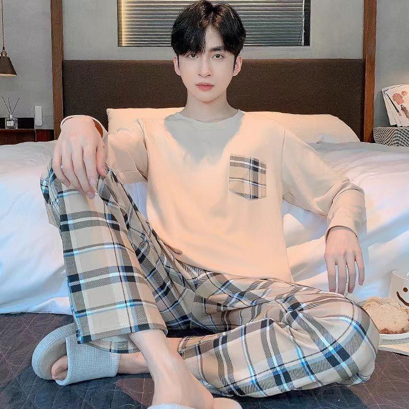 Коллекция мужских пижам Осень-зима Клетчатая однотонная студенческая пижама, домашняя одежда, топы и брюки, пижамы, одежда для отдыха