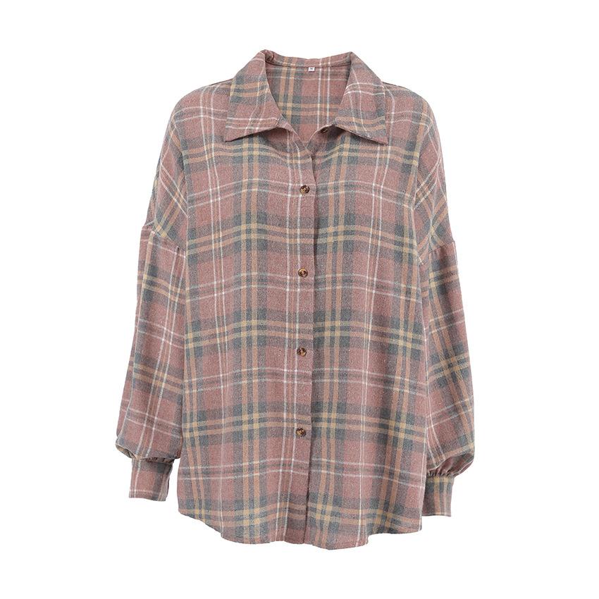Autumn fashion retro minimalist loose polyester cotton lapel plaid shirt versatile Russian long-sleeved women's shirt