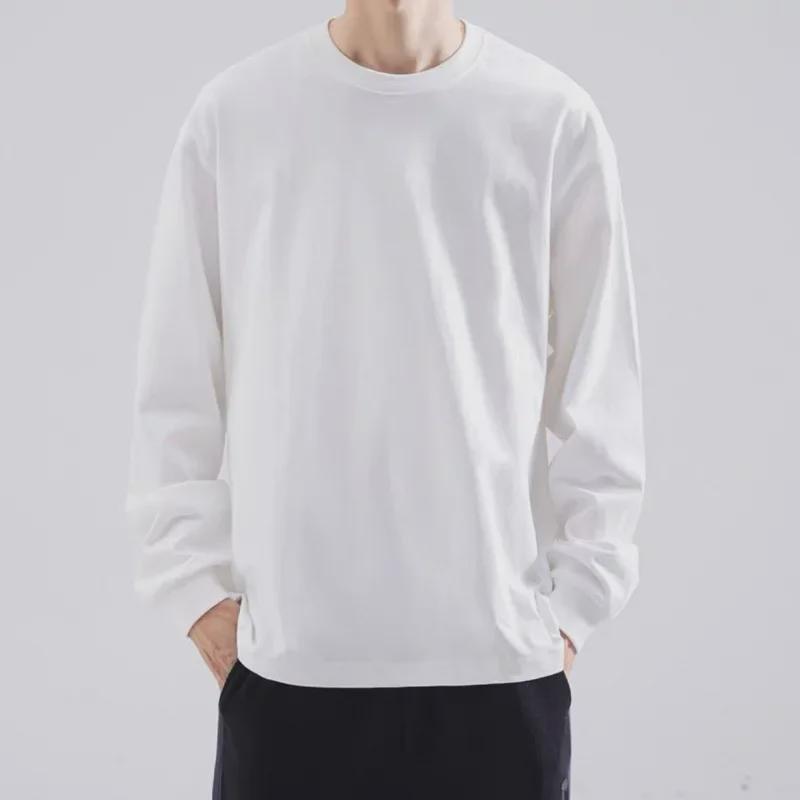 Мужская свободная белая футболка с длинными рукавами и круглым вырезом на весну и осень