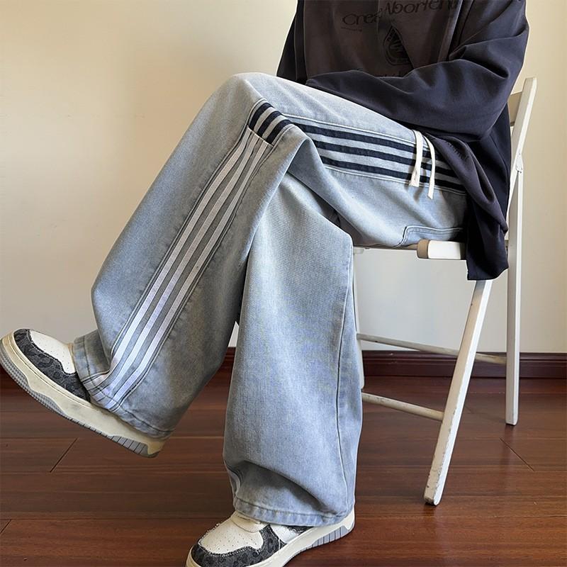 Mens Vintage Blue Striped Jeans Washed Spliced Straight Leg Loose Wide Pants American High Street Style