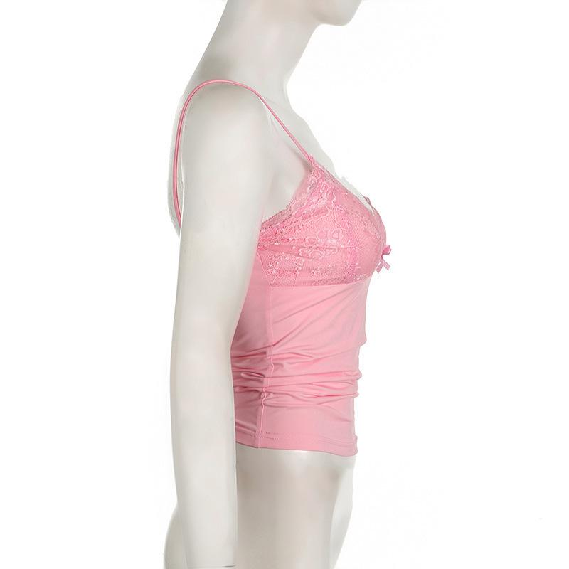 Европейское и американское кружево V-образный вырез бант однотонный на бретелях сексуальный с низким вырезом жилет однотонный облегающий топ