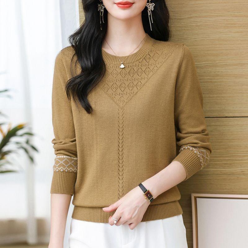 Тонкий вязаный свитер женский весенний пуловер свободного кроя модный материнский темперамент полый круглый вырез длинный рукав топ женский переднее плечо