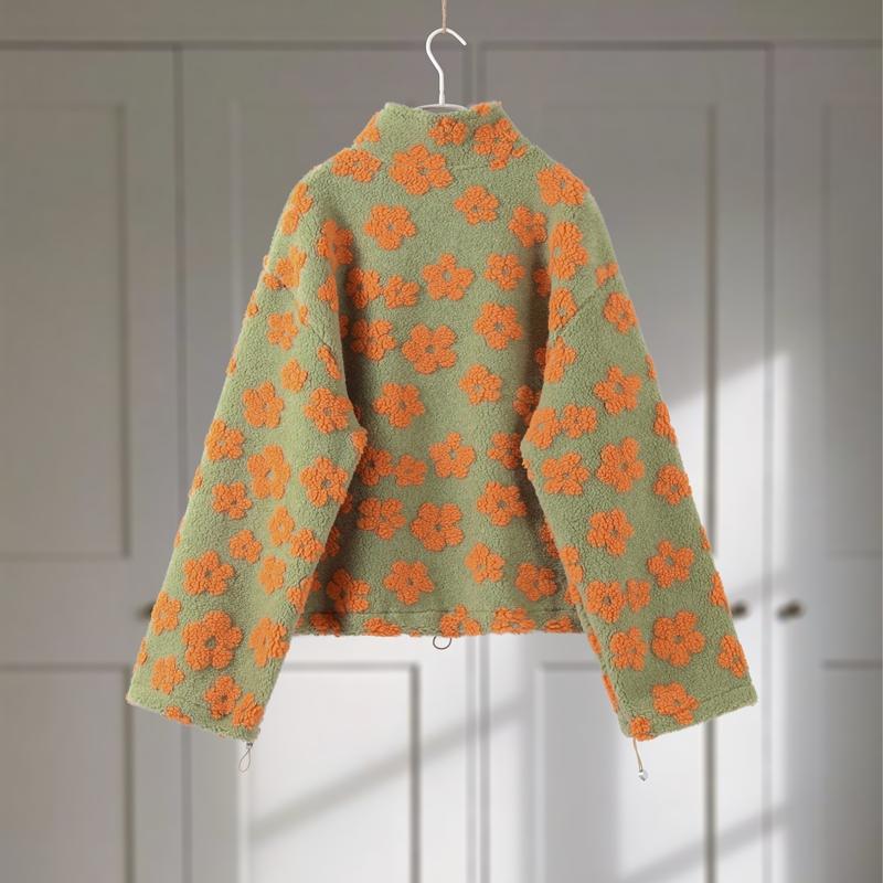 Флисовая толстовка женская с цветочным принтом, теплая, из овечьего флиса, со стойкой воротником, на молнии, свободная, мягкая, пуловер, осень/зима 2025