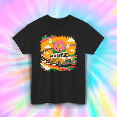 Hippie Van Shirt Retro Flower Power Peace Bus 70s Vibes Tee S-5XL