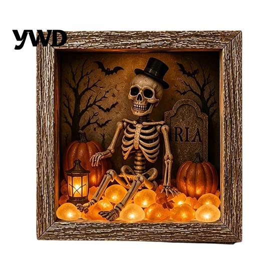 Gothic Bedroom Decor DIY Lighted Halloween Ghost Shadow Box Kit, Wooden Frame LED Warm Light, Style Interior Lighting Memory with Crystal Glass Panel,