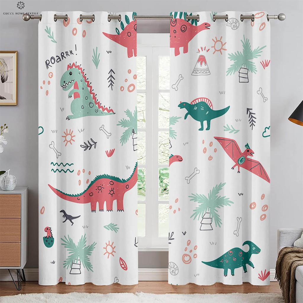 Милые шторы с принтом мультяшных животных и динозавров, 100% полиэстер, для спальни, гостиной, кабинета, детской комнаты, декоративные шторы, 2 штуки