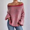 Women One-line Collar Straples Knitted Sweater Winter Autumn New Clashing Color Striped Lantern Long Sleeve Tops