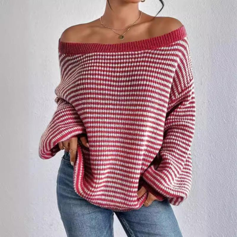 Women One-line Collar Straples Knitted Sweater Winter Autumn New Clashing Color Striped Lantern Long Sleeve Tops