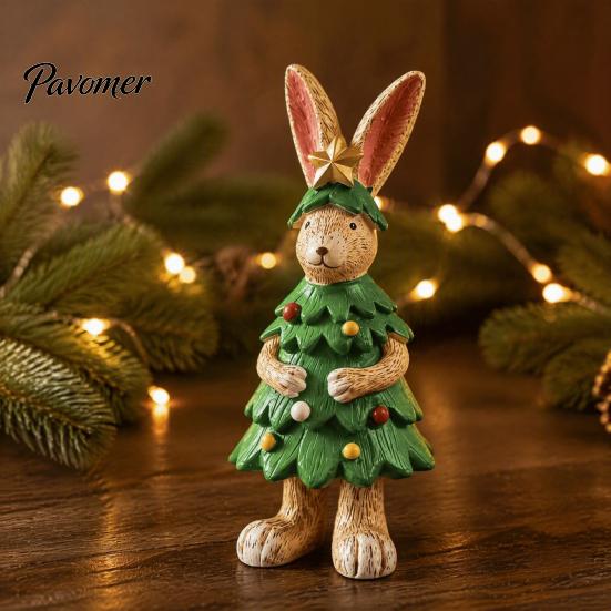 Desktop Rabbit Decorations Christmas Tree Figurine, Resin Bunny Statue in Outfit with Holiday Tabletop Star Top, Cute Decor for Home Bookshelf Mantel,