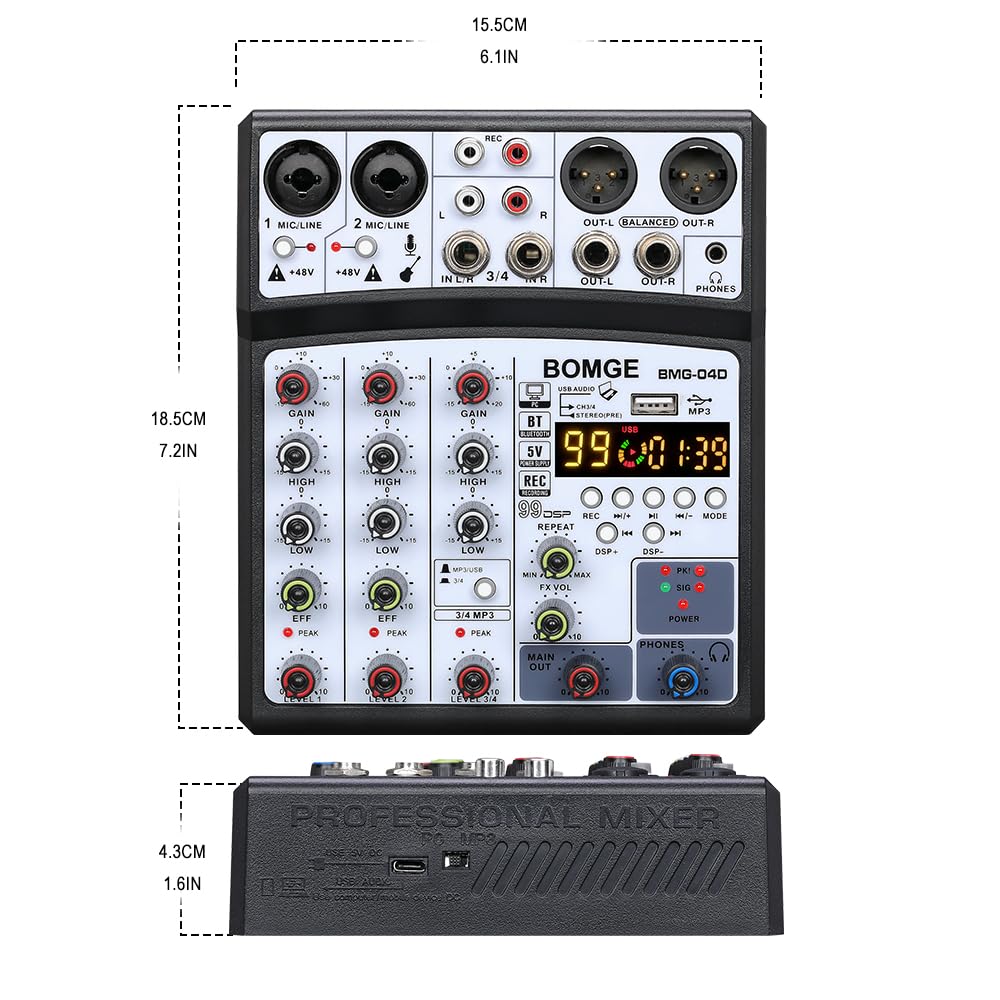 BOMGE 99DSP Эхо DJ Аудиомикшер 4-канальный USB Bluetooth Караоке Фантомное питание