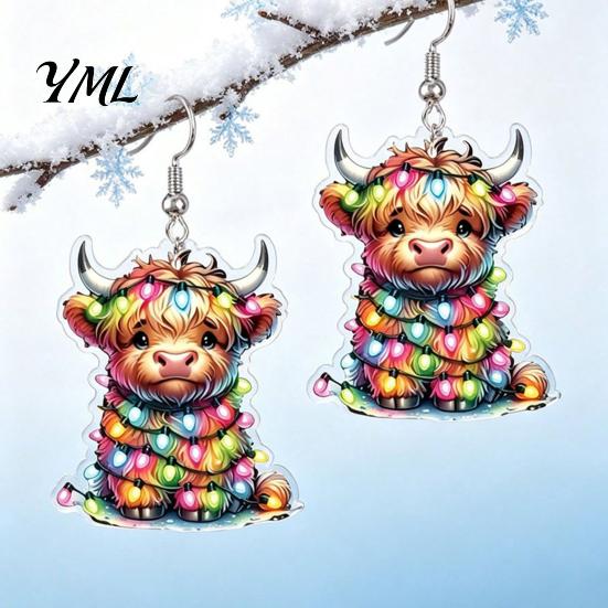 Decorative Holiday Jewelry 1 Pair Acrylic Highland Cow Christmas Earrings for Women, Cute Scottish Cattle Creative Dangle Drop Earrings, Cartoon Farm