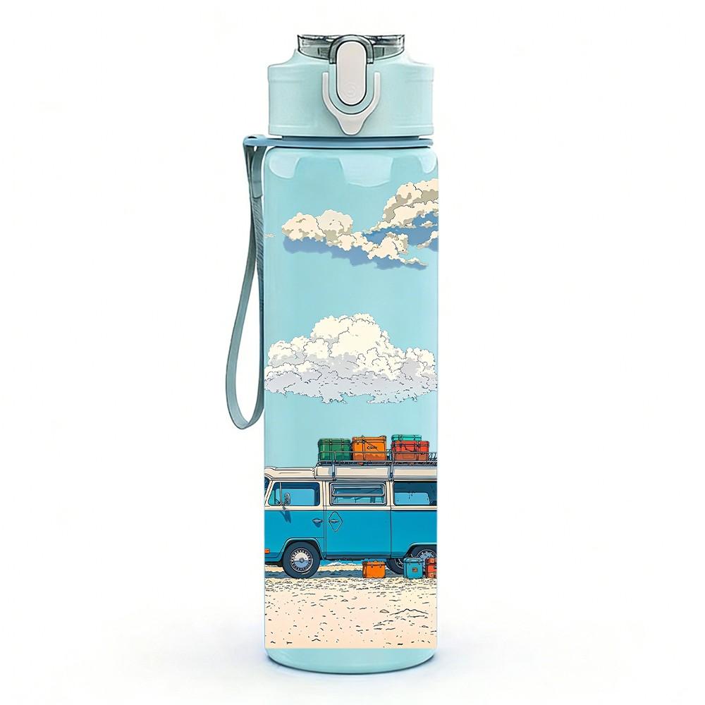 1PC Retro Van Mountain Sky Scenery Print 750ml Color Plastic Sports Water Bottle Leakproof Flip Straw Lid Suitable for Sports Office Home Use