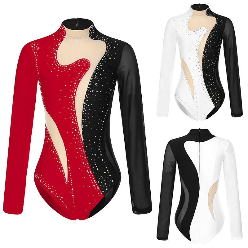 Женский сетчатый гимнастический трико со стразами и длинными рукавами, боди для катания на коньках, комбинезон