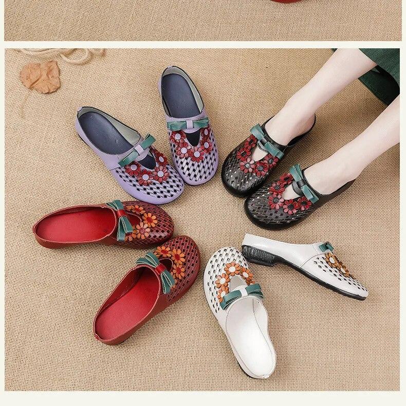 Johnature Тапочки из натуральной кожи с цветочным узором в этническом стиле. Женская обувь на низком каблуке. Полые наружные шлепанцы.