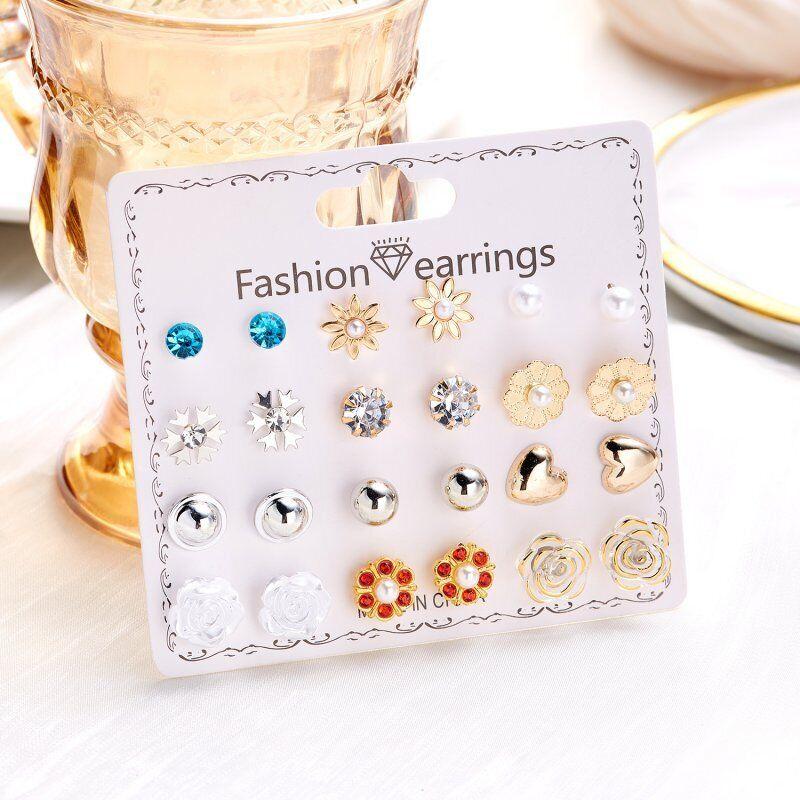 12 Pairs Earrings Set Stud Crystal Pearl Butterfly Flower Heart Women Jewelry