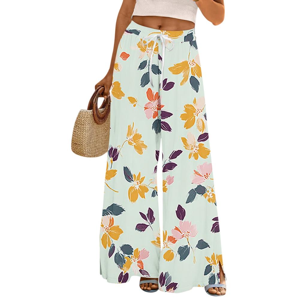 Women's Casual Wide Leg Pants Stretch Belt Pocket Floral Print Adjustable Tie Pants