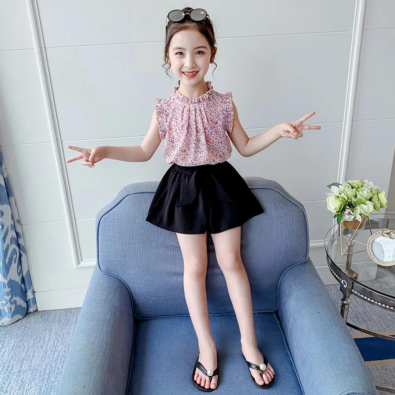 Комплект детской одежды из 2 предметов, весенне-летние костюмы для девочек, топы в полоску без рукавов с принтом + брюки, комплект одежды