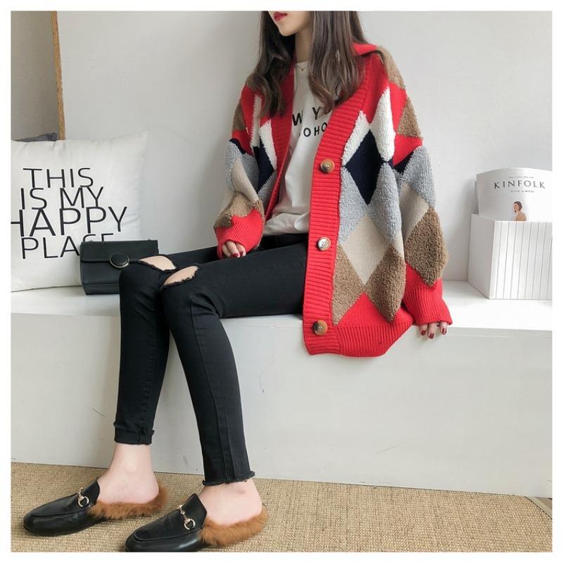 Autumn New Long Sleeve Argyle Knitted Sweater Jacket Women Winter Elegant Fashion Loose Woman Cardigans Sweaters Vintage Plus Size Knitwear Coat 24929