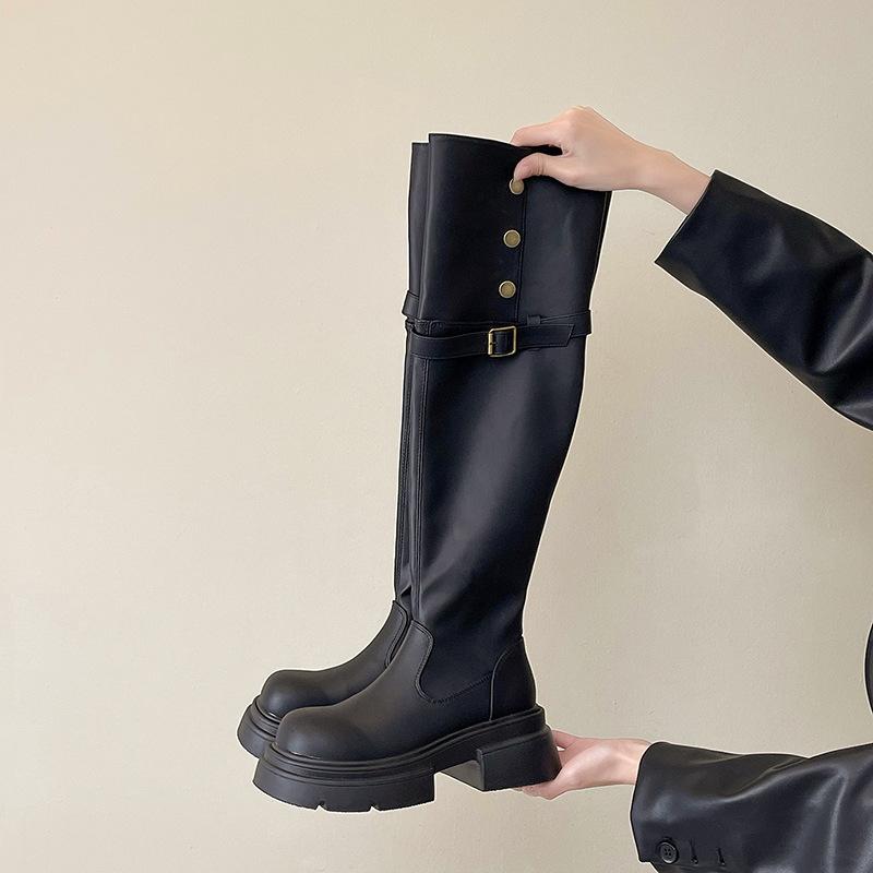 Два носят ботинки на толстой подошве для женщин 2025 осень и зима новые универсальные ботинки на толстом каблуке с широким голенищем рыцарские ботфорты