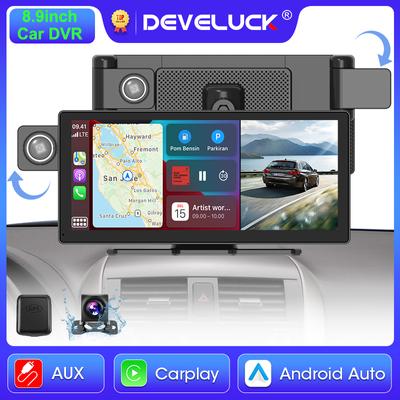 8,9-дюймовый поворотный видеорегистратор заднего вида с беспроводным Carplay и Android Auto, двумя объективами, видеорегистратор, монитор, GPS-навигация