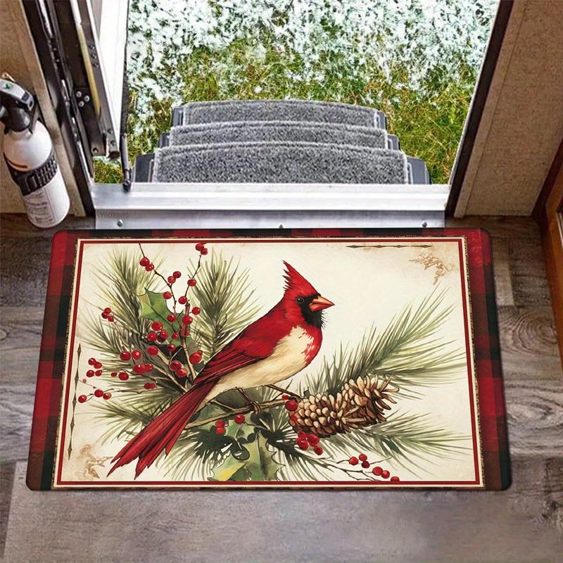 Flannel Christmas Snow Scene Red Bird Play Branch Print Thickness 0.47inch Foot - 1pc Christmas Door Mat, Anti-Slip Mat Mat, Winter Christmas Candy Ca