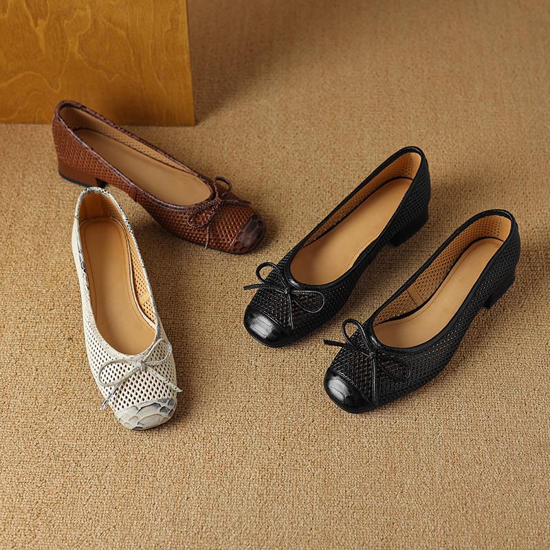 Krazing Pot Natural Leather Spring Summer Size 41 Thick Low Heels Women Square Toe Hollow Decoration Breathable Slip On Pumps