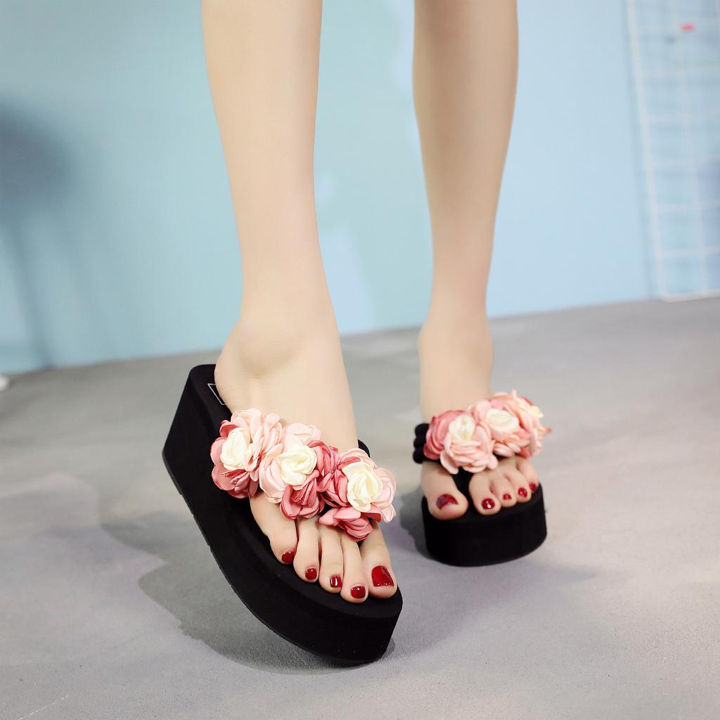 Женские богемные шлепанцы на высоком каблуке 7 см, сандалии «бисквит» с нескользящим зажимом на носке, домашние тапочки, износостойкая пляжная обувь