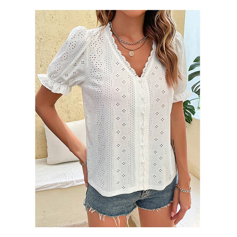 Летние блузки принцессы с пышными рукавами, офисные рубашки с v-образным вырезом и открытыми рукавами, тонкий топ, женская блузка MiuKoMiYa, женская короткая блузка