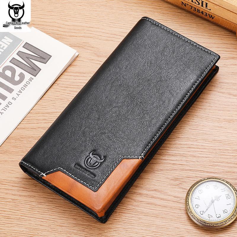 Cow Captain Мужской ретро длинный кошелек-бифолд из натуральной кожи - Масло-воск, Большая вместимость, Отделение для монет