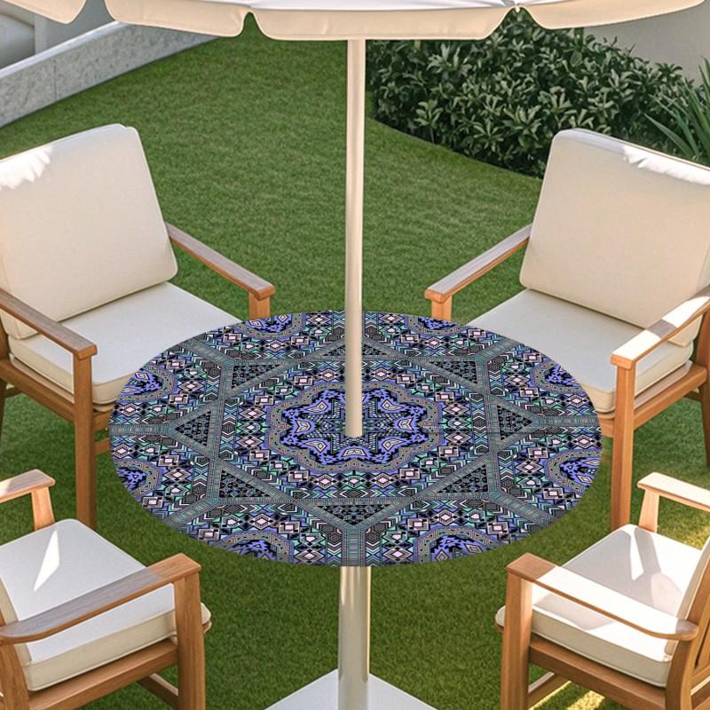 Outdoor Round Table Cover With Geometric Waterproof Elastic Edge Patio Garden Dining