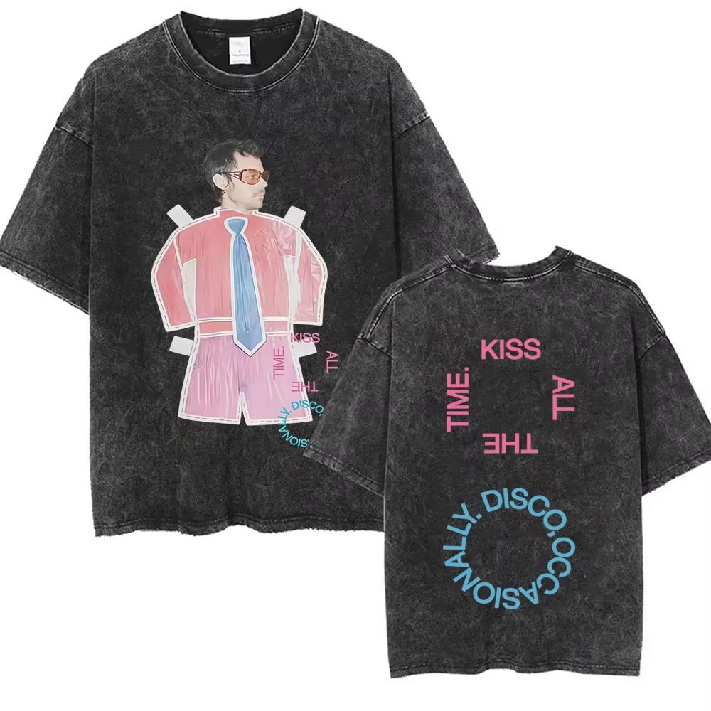 Kiss All The Time Disco Occasionally Washed Vintage T-shirts Fans Gift Men Women Fashion Pop Music Streetwear Male Oversized Tee