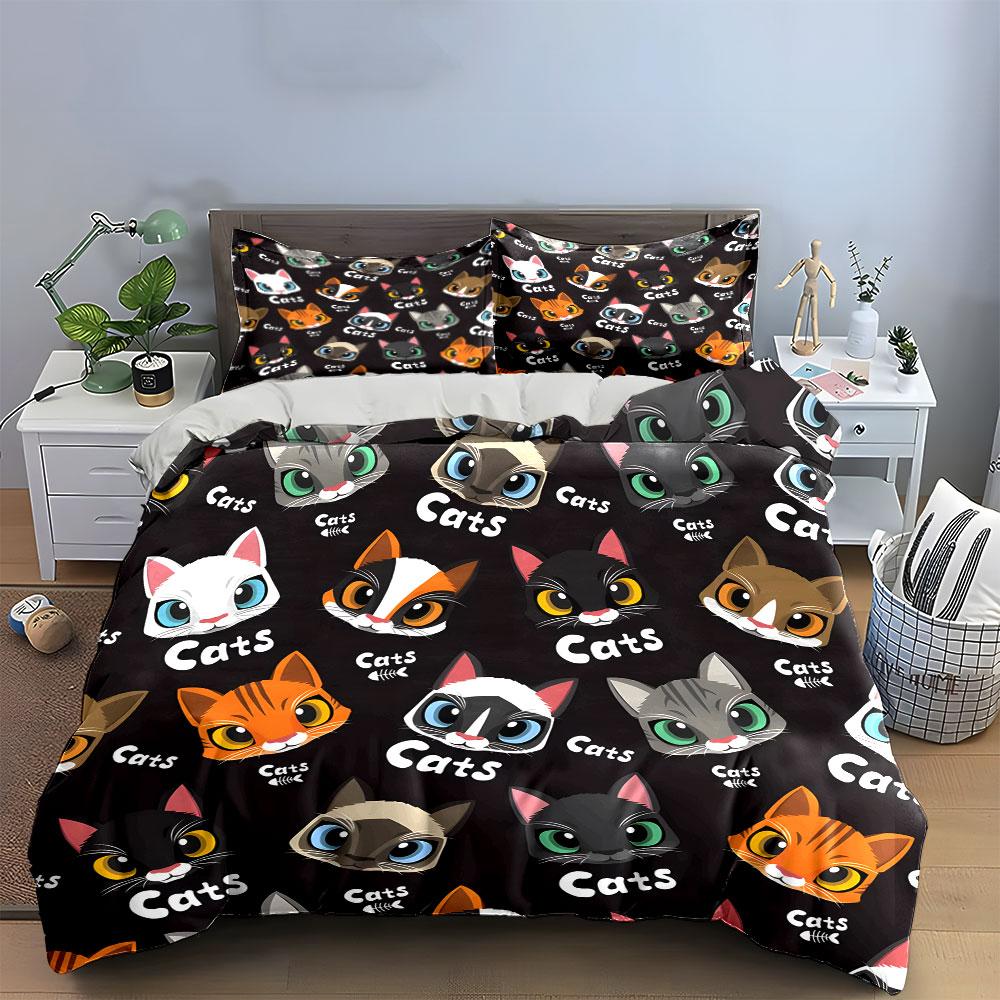 Cute Cartoon Cat Faces Pattern Bedding Duvet Cover Set (1*Duvet Cover 2*Pillowcases, without duvet insert)