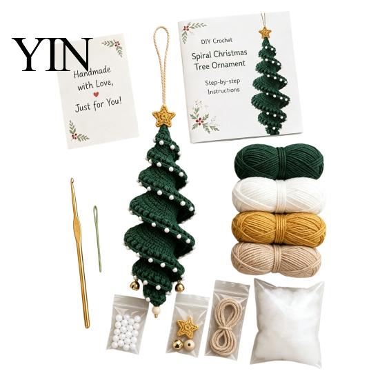Crochet Gift for Her Doll Spiral Ornament DIY Kit, Holiday Craft Set with Soft Yarn, Beads, Christmas Tree Hanging Window Wall Cabinet Handmade