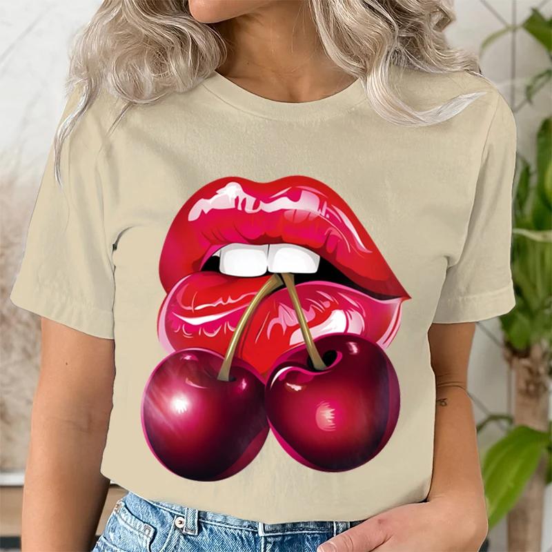 Летняя одежда Футболки с принтом LIPS CHERRY с коротким рукавом для женщин, повседневные, модные, с рисунком, футболки, женская футболка, одежда