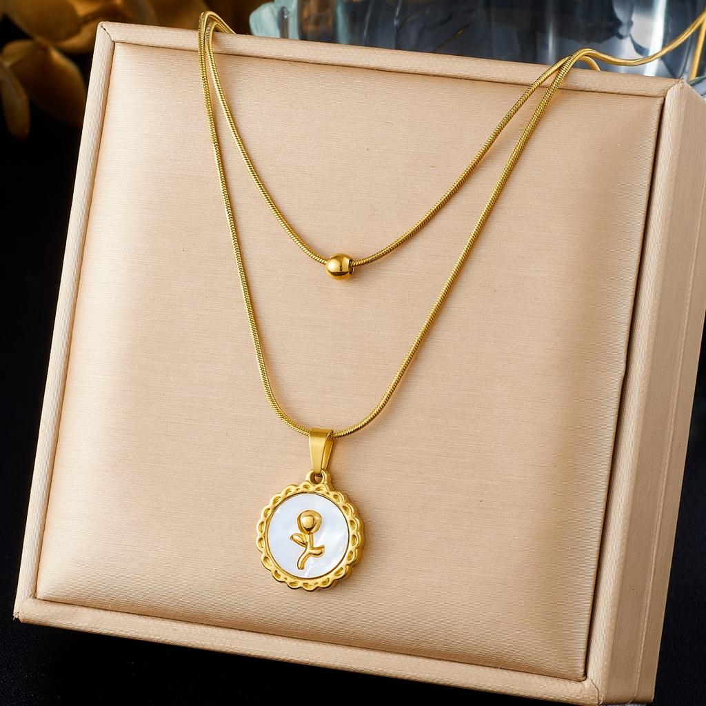 White Shell Inlay Butterfly Rose Flower Star Pendant Necklace Lady 316L Stainless Steel Novel Chic Waterproof Jewelry