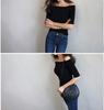 Women Off Shoulder 3/4 Sleeve Ribbed Knit Top Slim Fit Casual Blouse Y2K Streetwear