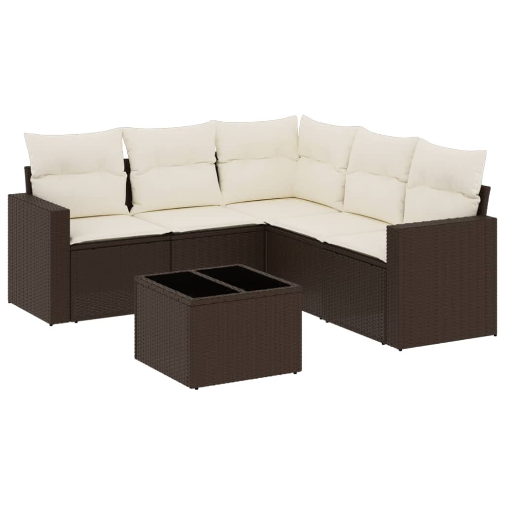 6 Piece Garden Sofa Set with Cushions Brown Poly Rattan