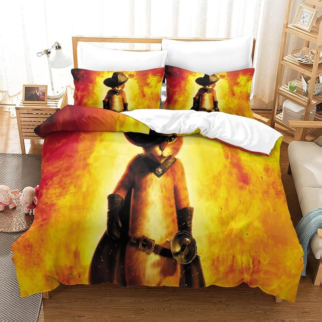Cartoon Puss in Boots Duvet Cover Pillowcase Bedding Set Adult Boys Girls Bedroom Decoration Single Double Size