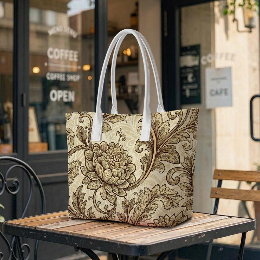 Vintage Floral Pattern Tote Bag Casual Large Capacity Top Handle Handbag for Daily Shopping Travel Outdoor Use