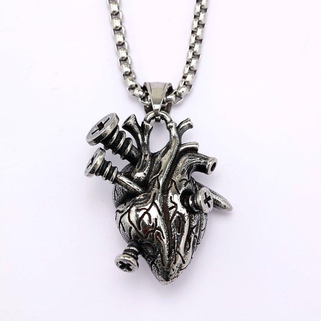 Vintage Stainless Steel Men's Screw Heart Pendant Gothic Punk Necklace