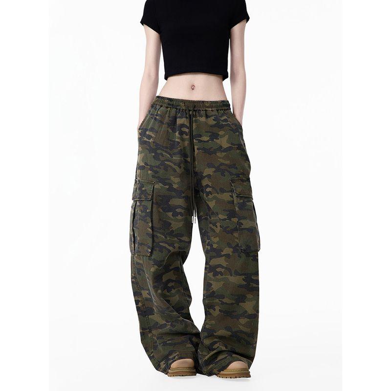 Black of Exit American Retro Camouflage Pocket Cargo Pants Unisex Loose Wide-Leg Slimming Casual Pants Trendy