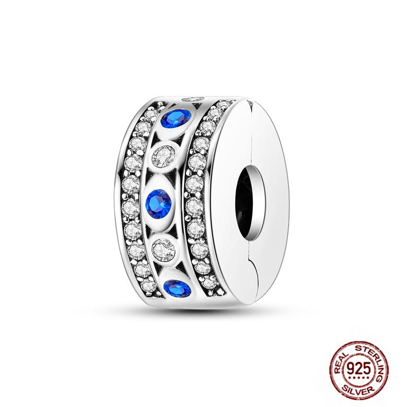 Round 925 Copper Clasp Pave Clip Charms Blue Star Moon Butterfly Slide Safety Chains Spacer Beads Fits Original Bracelet Zircon