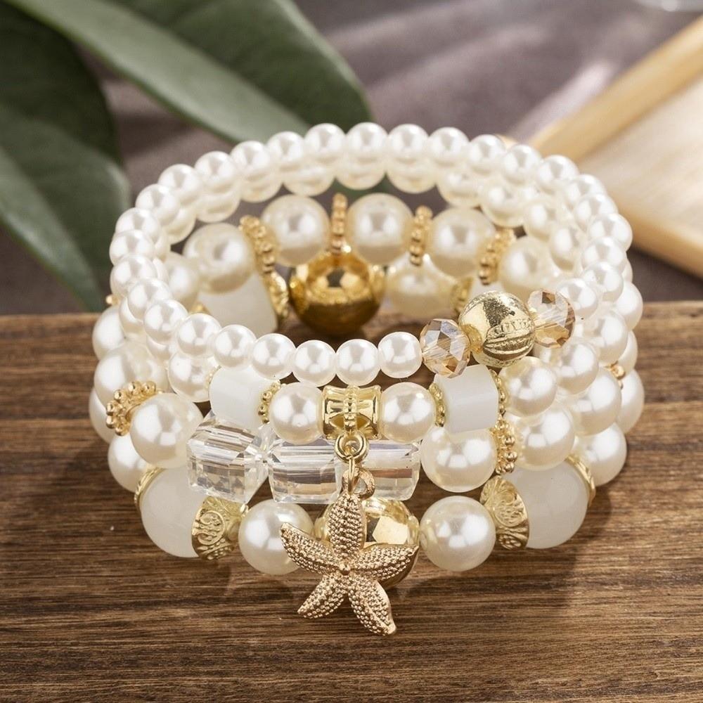 4pcs/set Ethnic Style Simulated Pearl Bracelets Bohemia Style Multilayer Hand Chain Casual Outfit