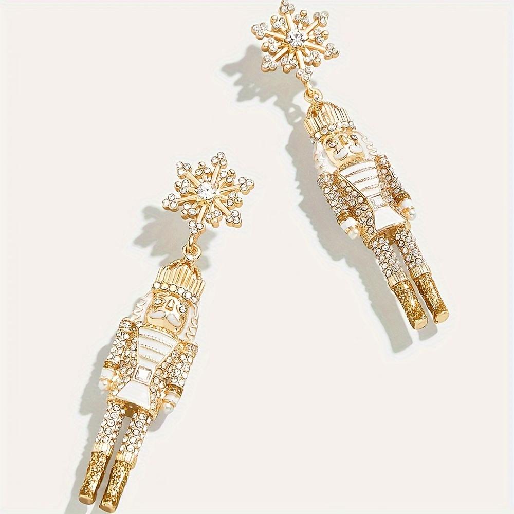 Bohemian Nutcracker Dangle Earrings with Sparkling Rhinestones – Golden-Tone Soldier Design, Festive Holiday Party Jewelry for Women, Perfect Christma