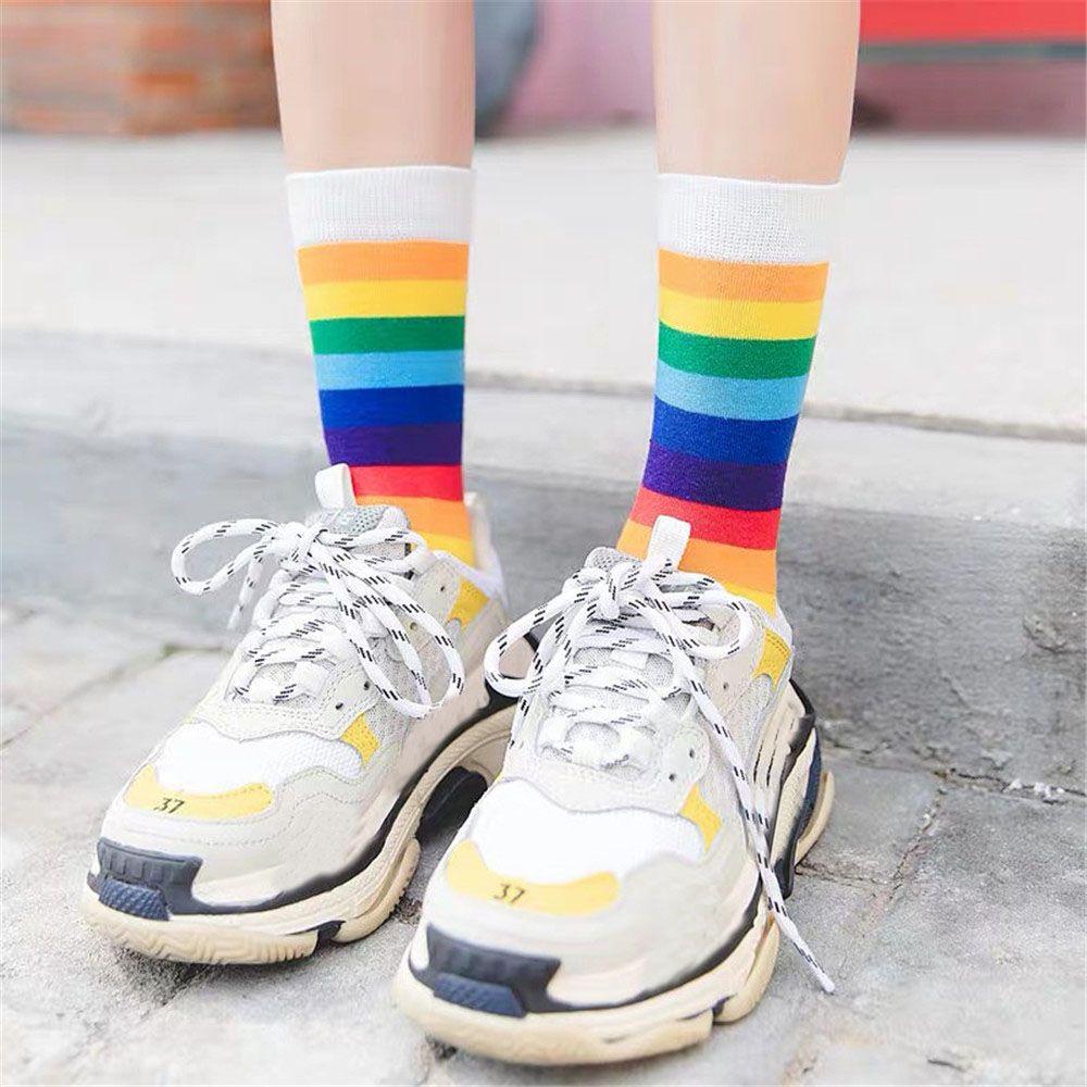 Fashion Women Elasticity Sweat Sports Long Sock Retro Harajuku Rainbow Striped Cotton Socks