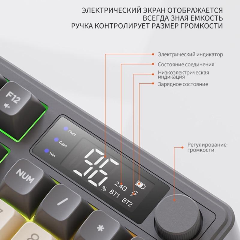 Портативная Русская Беспроводная Механическая Клавиатура 2.4ГГц Совместимая с Bluetooth Со Светодиодным Экраном для Ноутбука